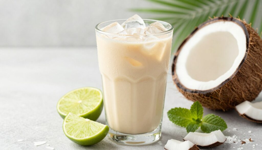 A beautifully arranged ultra-realistic glass of coconut lime dirty soda filled with ice, showcasing the creamy texture of the drink. In the foreground, vibrant slices of fresh lime and coconut pieces are artistically placed beside the glass. The middle section features a scattering of coconut flakes and mint leaves, enhancing the tropical theme. Soft, natural lighting creates a refreshing and inviting atmosphere, highlighting the clarity of the soda and the condensation on the glass. In the background, a simple, clean surface and subtle greenery evoke a serene tropical vibe. The composition emphasizes the drink's ingredients visually, celebrating their refreshing and healthful qualities without any text or distractions.
