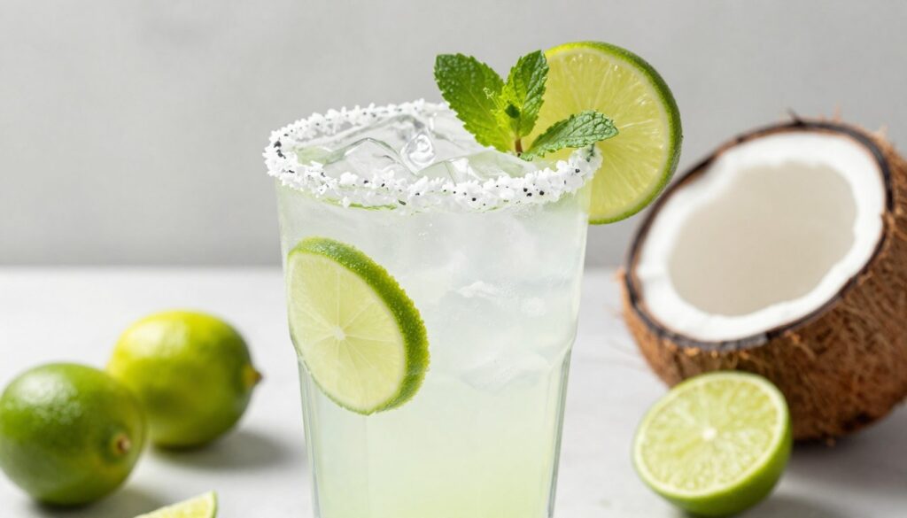 A close-up view of a refreshing coconut lime dirty soda served in a clear glass filled with ice cubes. The drink is garnished with a slice of lime and a sprig of mint, with coconut flakes adorning the rim for a tropical touch. Soft, natural light pours in from the side, illuminating the drink and creating a sparkling effect on the ice. The background is clean and minimalistic, allowing the vibrant colors of the drink and garnishes to pop. A few fresh limes and a coconut shell are placed artfully nearby, adding context to the tropical theme. The overall atmosphere conveys a refreshing, inviting vibe, perfect for a summer gathering or a flavorful homemade treat.