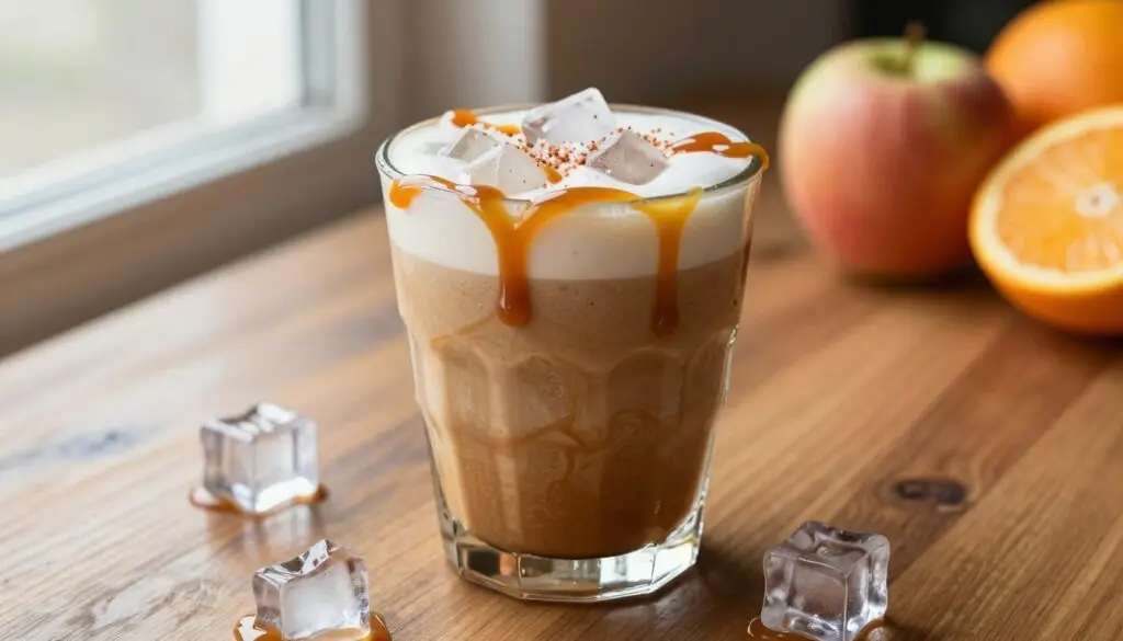 A frosty glass filled with creamy, salted caramel root beer dirty soda, showcasing a rich, inviting brown color with swirling caramel hues. The glass sits atop a polished wooden table, surrounded by scattered ice cubes that glimmer in the soft, natural light filtering in from a nearby window. Fresh caramel drizzles adorn the edges of the glass, while a sprinkle of sea salt adds texture. In the background, faint outlines of fresh fruits such as apples and oranges create a vibrant, inviting atmosphere, emphasizing the freshness of the ingredients. The composition is captured from a slightly elevated angle, enhancing the visual appeal and inviting viewers to indulge in this delicious, non-alcoholic treat. The mood is warm and inviting, encouraging a sense of comfort and enjoyment.