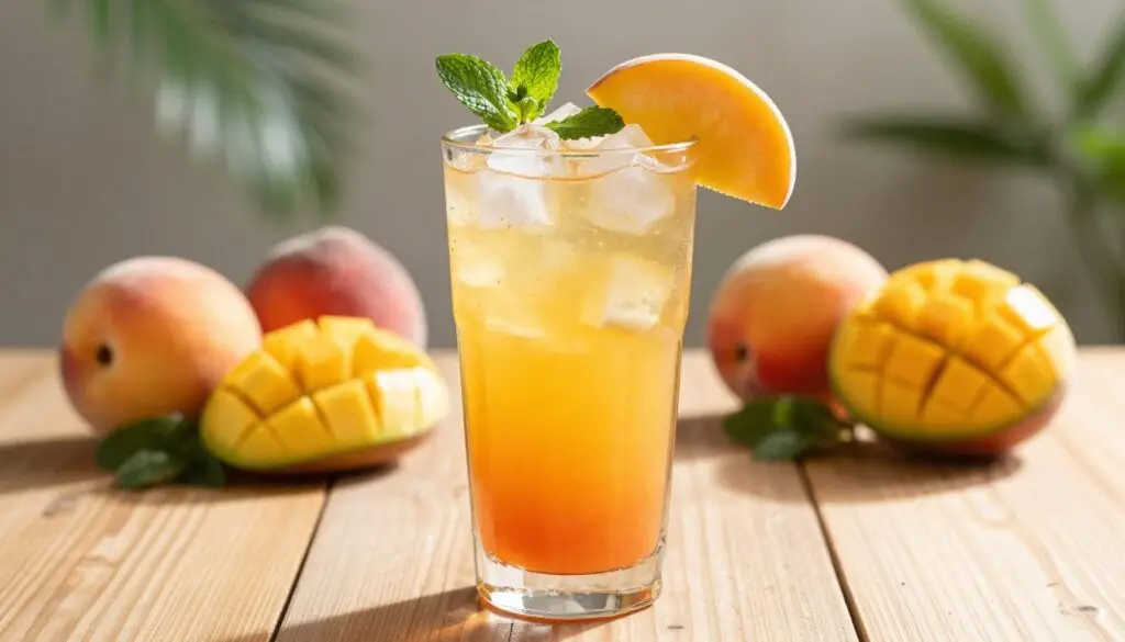 Ultra-realistic image of a tall glass of peach mango dirty soda filled with ice, garnished with a slice of fresh peach and a sprig of mint. The glass should be placed on a wooden tabletop, showcasing the vibrant colors of the drink. In the background, softly blurred tropical fruit like mangoes and peaches are arranged, emphasizing the freshness of the ingredients. Natural sunlight streams in from the side, creating a warm, inviting atmosphere while casting gentle reflections on the glass. The setting should be simple and clean, with no distractions, highlighting the refreshing nature of the drink. The image should evoke a sense of summer relaxation and enjoyment.