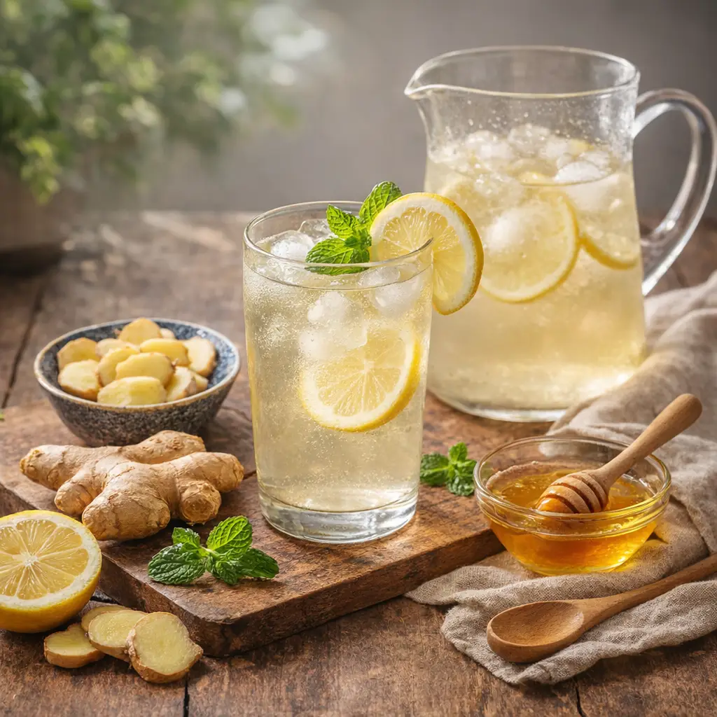 fresh ginger infusion recipe with sliced ginger in glass