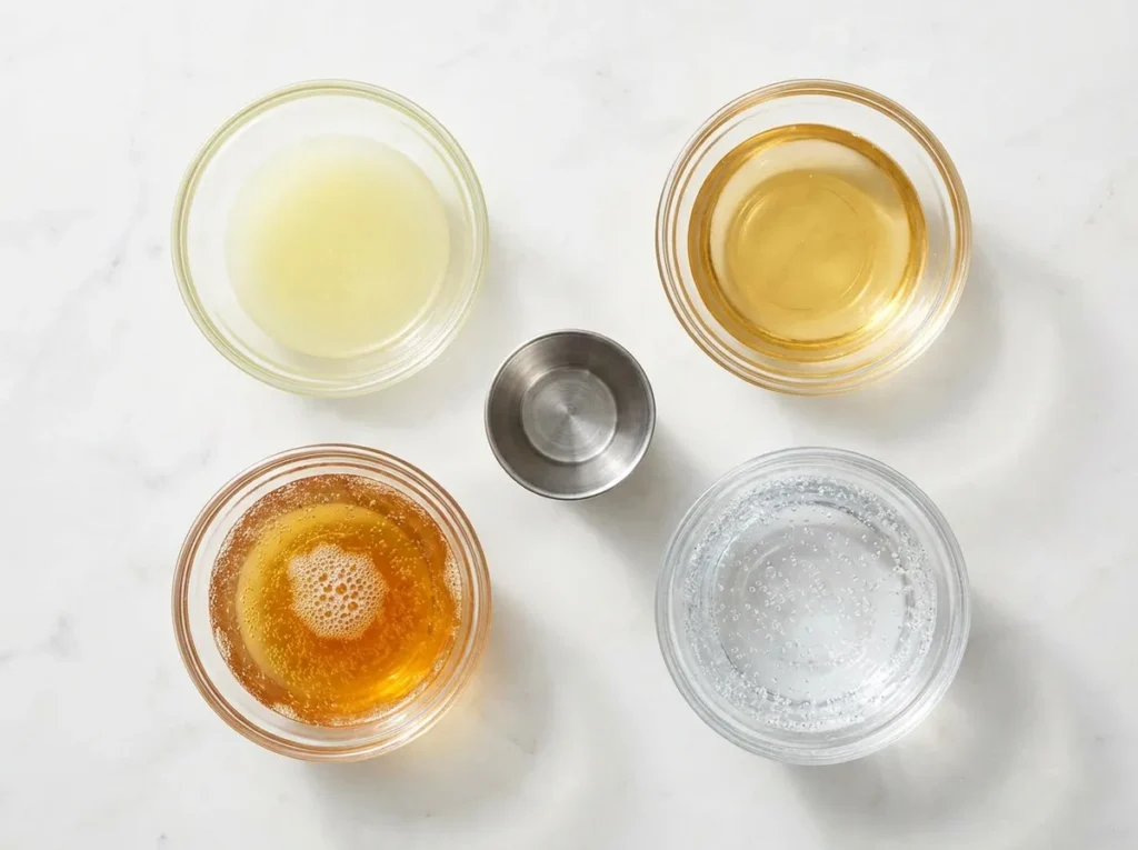 the 4 components of a great mocktail — base, acid, sweet, and fizz arranged on marble
