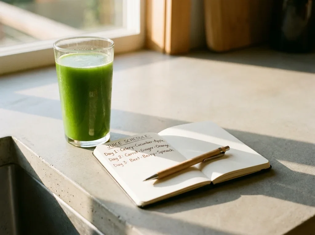 3-day juice fast plan - tall glass of green juice on a kitchen counter beside a handwritten schedule notebook