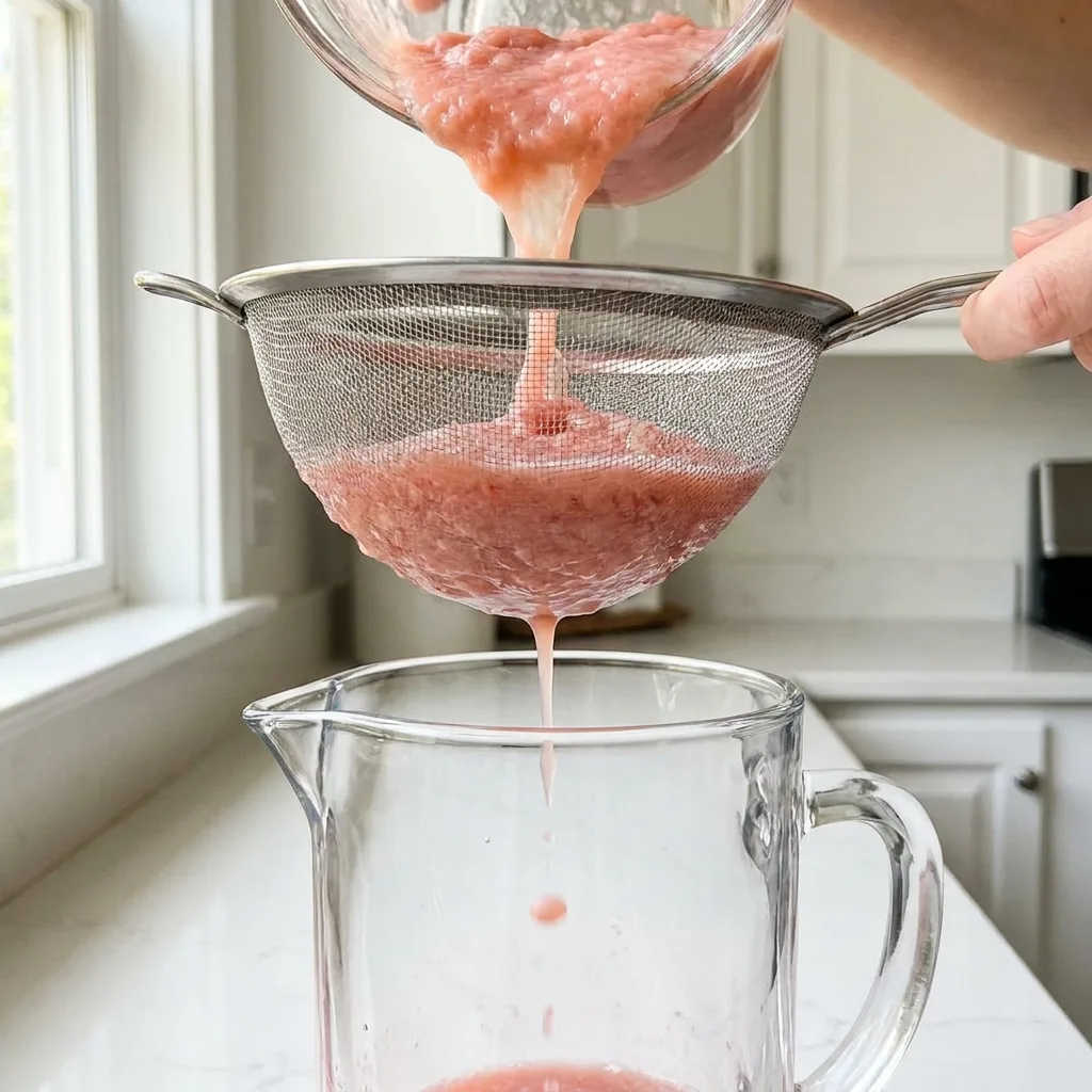 Blush-pink cherry blossom iced tea strained through a fine mesh into a clear glass pitcher