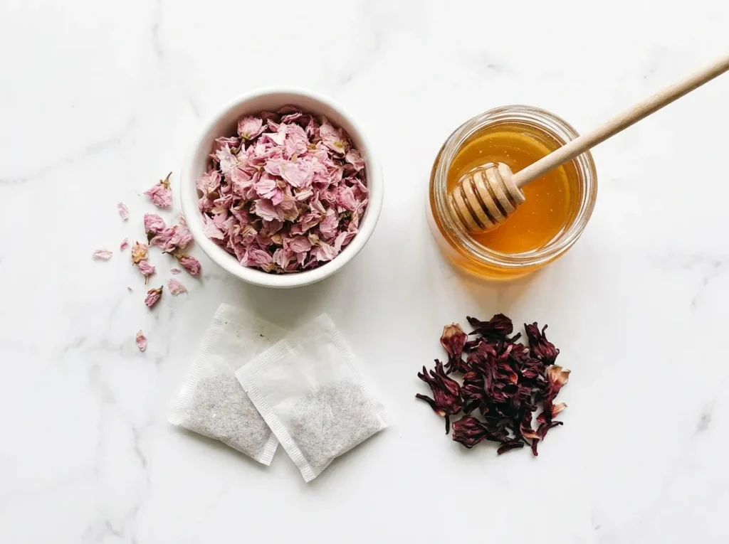 Cherry blossom iced tea ingredients: dried sakura petals, white tea bags, honey, and dried hibiscus