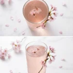 Cherry blossom iced tea in a tall glass with sakura petals floating on top