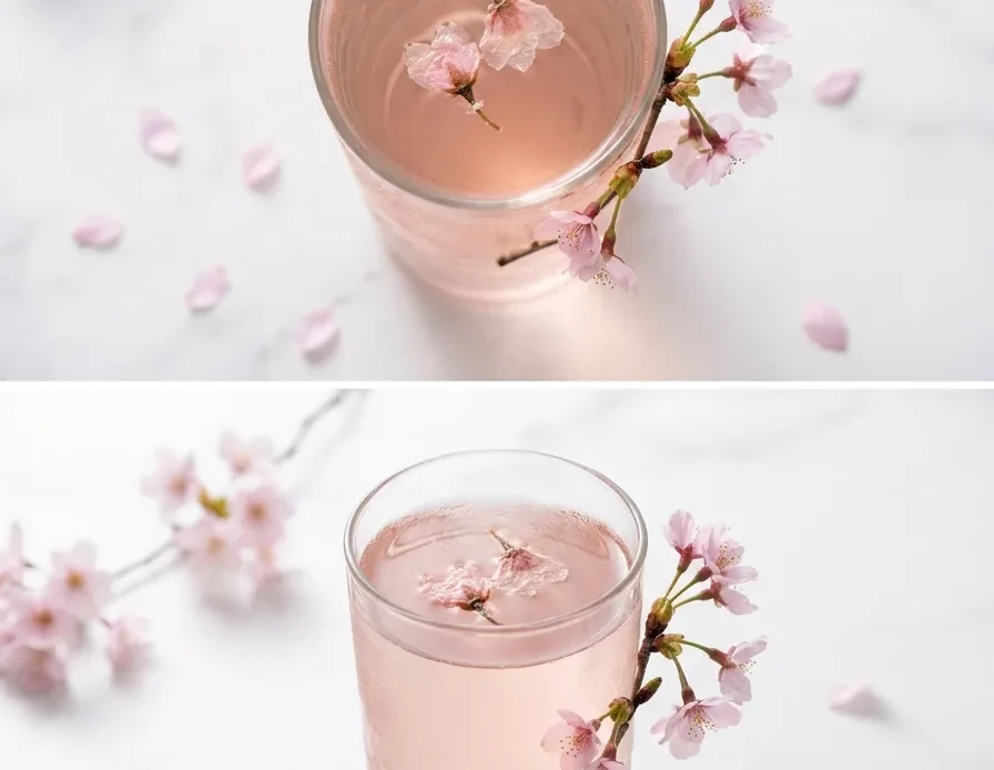 Cherry blossom iced tea in a tall glass with sakura petals floating on top