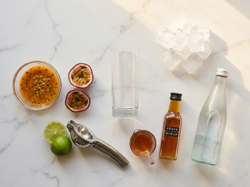 Ingredients for a passion fruit mocktail: fresh passion fruit halves, lime, agave syrup, sparkling water, and a highball glass