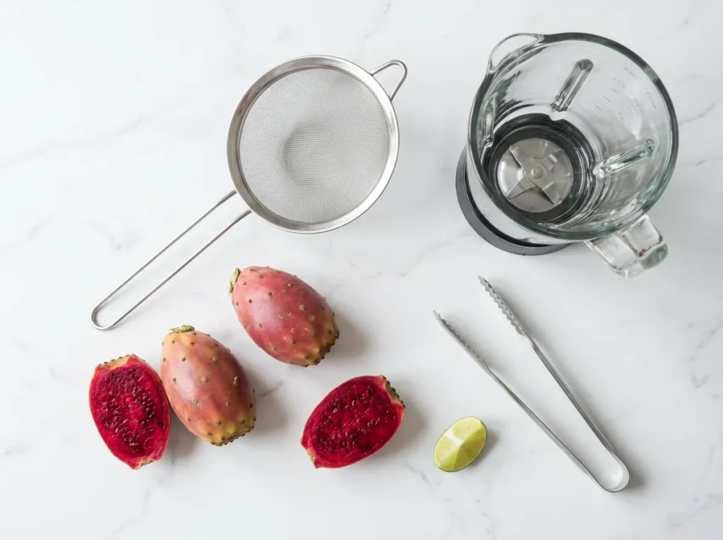 whole cactus prickly pear fruits on a white marble surface next to a fine-mesh strainer and blender