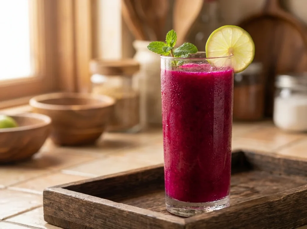 finished cactus fruit juice in a tall glass with lime slice and mint sprig on a wooden tray