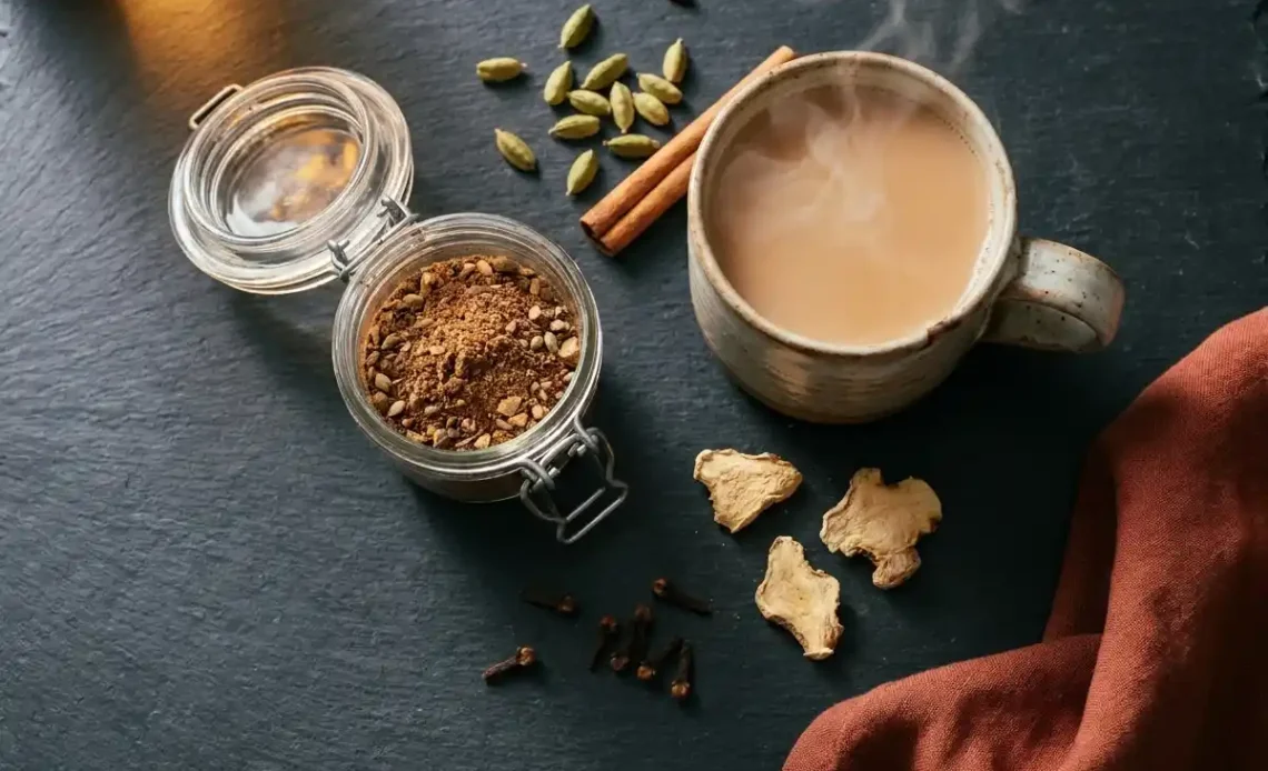 Chai tea drink mix in a mason jar beside a steaming ceramic mug of milky chai with whole cardamom pods and a cinnamon stick on a dark slate surface.