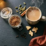 Chai tea drink mix in a mason jar beside a steaming ceramic mug of milky chai with whole cardamom pods and a cinnamon stick on a dark slate surface.