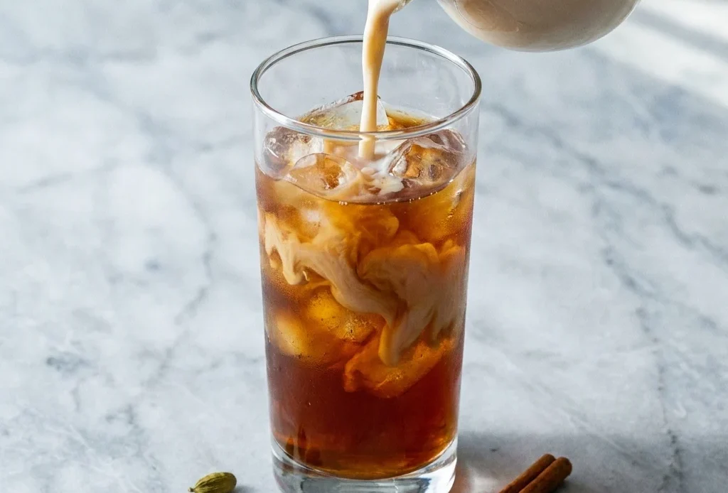 Iced chai tea drink mix served in a tall clear glass over ice with cold oat milk pouring in, on a marble surface with whole cardamom pods scattered nearby.