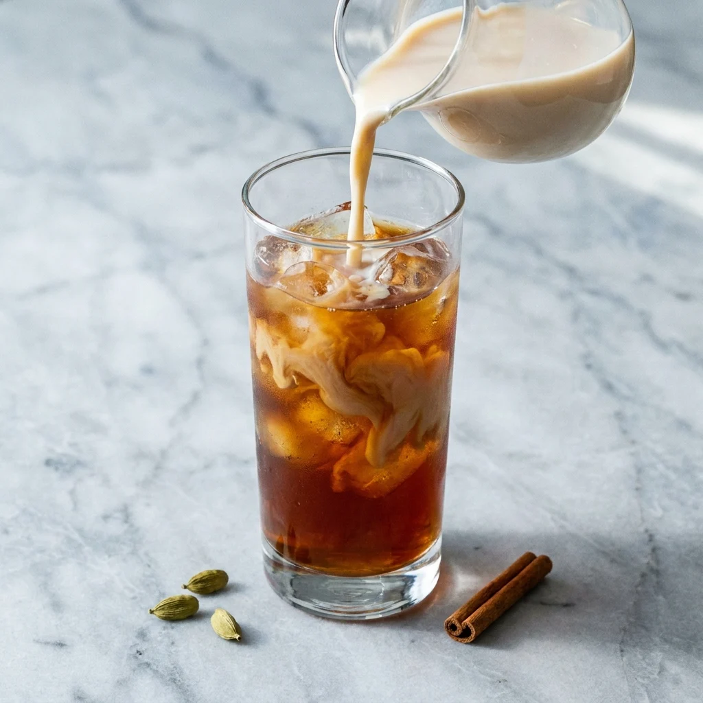 Iced chai tea drink mix served in a tall clear glass over ice with cold oat milk pouring in, on a marble surface with whole cardamom pods scattered nearby.