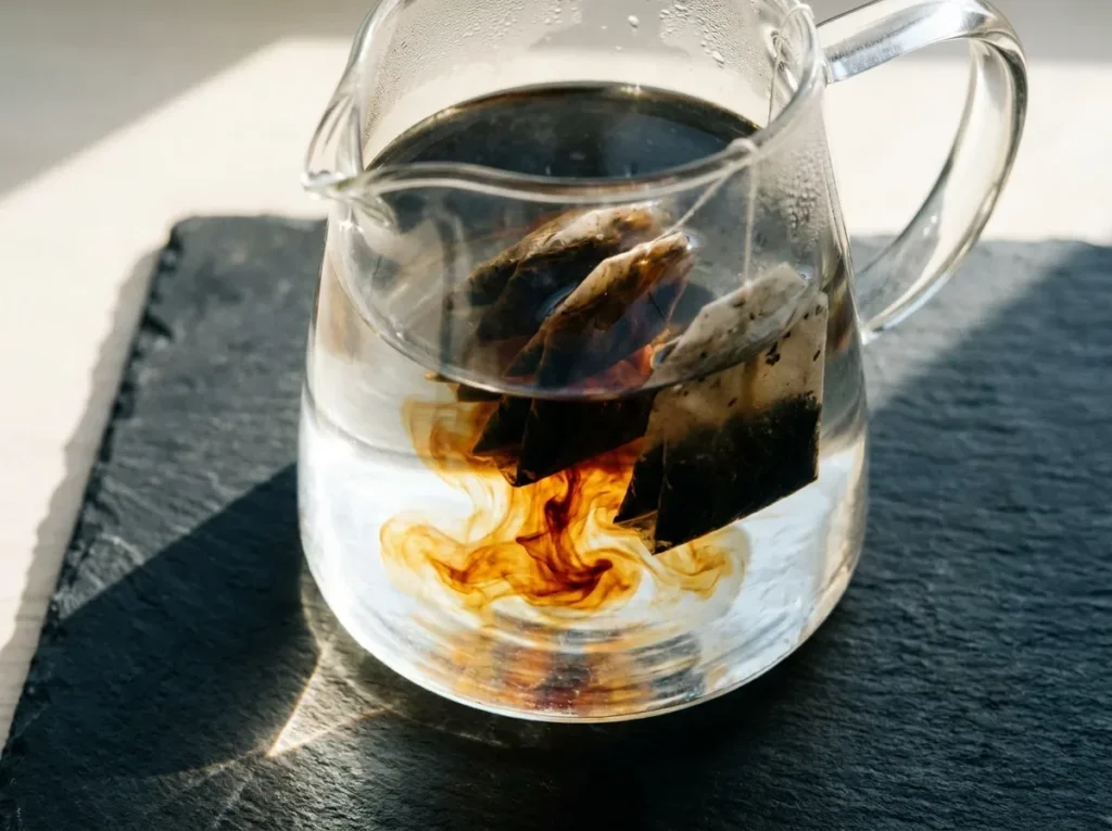 tea drinks - Glass pitcher of cold brew tea on slate — tea bags steeping in cold water