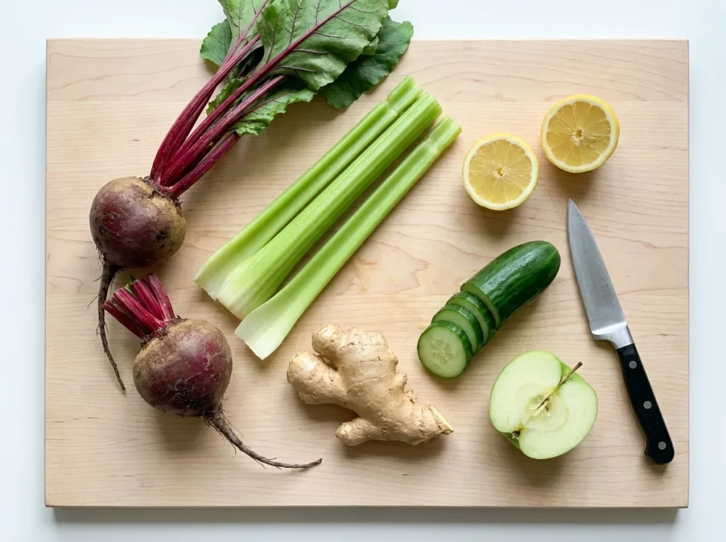 detox juice recipes ingredients - fresh beets, celery, ginger, lemon, cucumber, and green apple on a light wood board