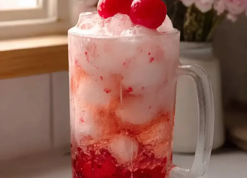 Dirty cherry sprite recipe in a tall glass with cherry syrup, cream swirl, and crushed ice