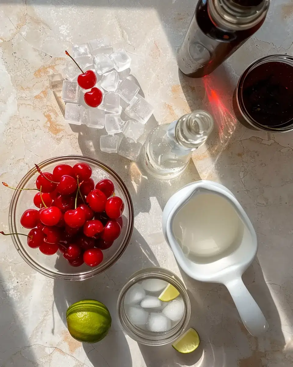 Ingredients for dirty cherry sprite recipe arranged on a light countertop