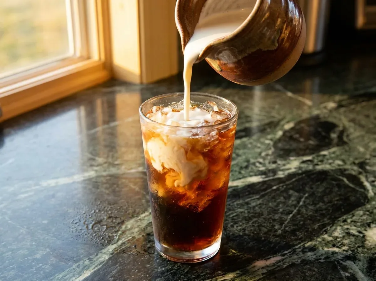 Pouring sweet cream over icy Dr Pepper while making a dirty dr pepper recipe at home