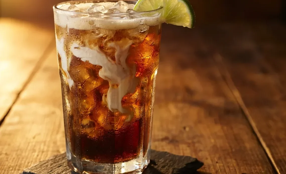 Dirty Dr Pepper in a tall glass with cream swirling through icy Dr Pepper and a lime wedge on the rim