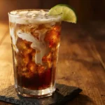 Dirty Dr Pepper in a tall glass with cream swirling through icy Dr Pepper and a lime wedge on the rim