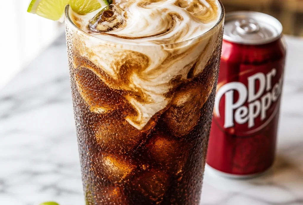 Dirty Dr Pepper recipe in a tall Collins glass, lime wedge on the rim, thick coconut cream or cold foam layer floating clearly on top of the dark Dr Pepper soda, extra lime slice and twist on the white marble next to the base of the glass, no rim treatment, strong condensation on the glass, white marble surface with a neatly folded white napkin partly visible under the base, close bright white backdrop tight behind the glass, a dark-red soda can with the text “Dr Pepper” faintly visible in the mid-background, slightly more in focus than the far background but still softer than the glass so the drink remains the main subject, subtle blurred red-and-yellow shapes and counter lines further behind to suggest a generic fast-food or burger chain interior without any additional logos or readable branding, camera at a slightly high 45-degree angle leaning toward overhead to clearly show the separation between the dark soda and the creamy top layer, tight framing with the glass filling about 80% of the frame and positioned slightly off-center, top of the drink and swirl or foam sharply in focus, bright soft side window light from the left, no flash, luminous dark cola liquid with creamy swirl catching the light, bright white background contrasts the dark drink and creamy top making it the dominant visual, minimal props with only lime, subtle cola bubbles, and the gently blurred soda can in the background, vibrant deep cola-brown drink color with bright lime green and clean white cream accents, bright clean slightly warm edit, no oversaturation, food photography, appetizing, thumbnail-ready