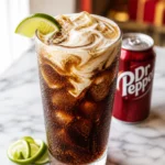 Dirty Dr Pepper recipe in a tall Collins glass, lime wedge on the rim, thick coconut cream or cold foam layer floating clearly on top of the dark Dr Pepper soda, extra lime slice and twist on the white marble next to the base of the glass, no rim treatment, strong condensation on the glass, white marble surface with a neatly folded white napkin partly visible under the base, close bright white backdrop tight behind the glass, a dark-red soda can with the text “Dr Pepper” faintly visible in the mid-background, slightly more in focus than the far background but still softer than the glass so the drink remains the main subject, subtle blurred red-and-yellow shapes and counter lines further behind to suggest a generic fast-food or burger chain interior without any additional logos or readable branding, camera at a slightly high 45-degree angle leaning toward overhead to clearly show the separation between the dark soda and the creamy top layer, tight framing with the glass filling about 80% of the frame and positioned slightly off-center, top of the drink and swirl or foam sharply in focus, bright soft side window light from the left, no flash, luminous dark cola liquid with creamy swirl catching the light, bright white background contrasts the dark drink and creamy top making it the dominant visual, minimal props with only lime, subtle cola bubbles, and the gently blurred soda can in the background, vibrant deep cola-brown drink color with bright lime green and clean white cream accents, bright clean slightly warm edit, no oversaturation, food photography, appetizing, thumbnail-ready