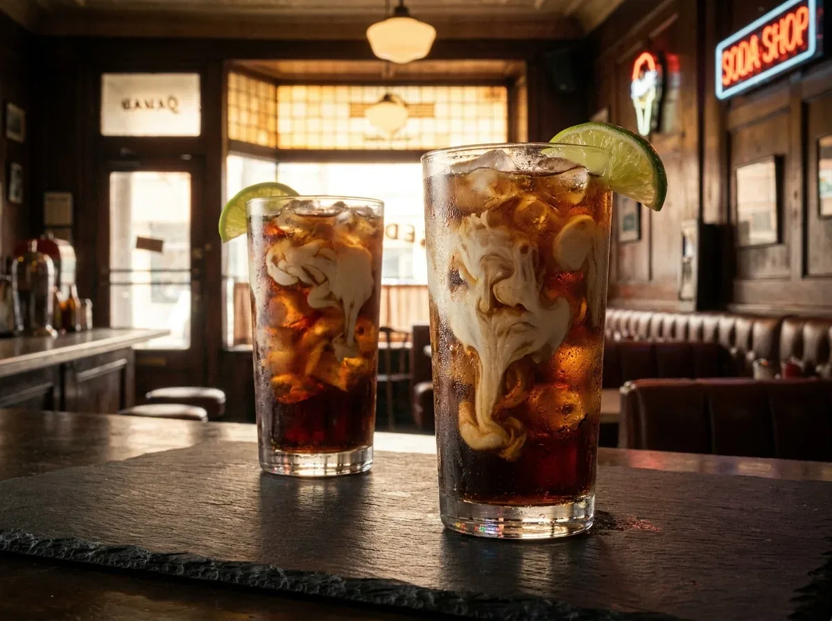 Two dirty Dr Pepper drinks with cream and lime on dark slate, soda shop style presentation
