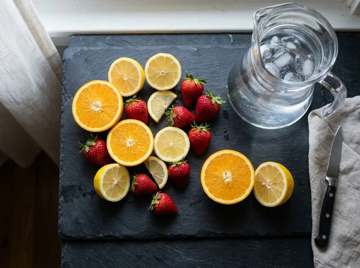 Halved citrus and fresh fruit arranged next to a glass pitcher — fruit drink preparation