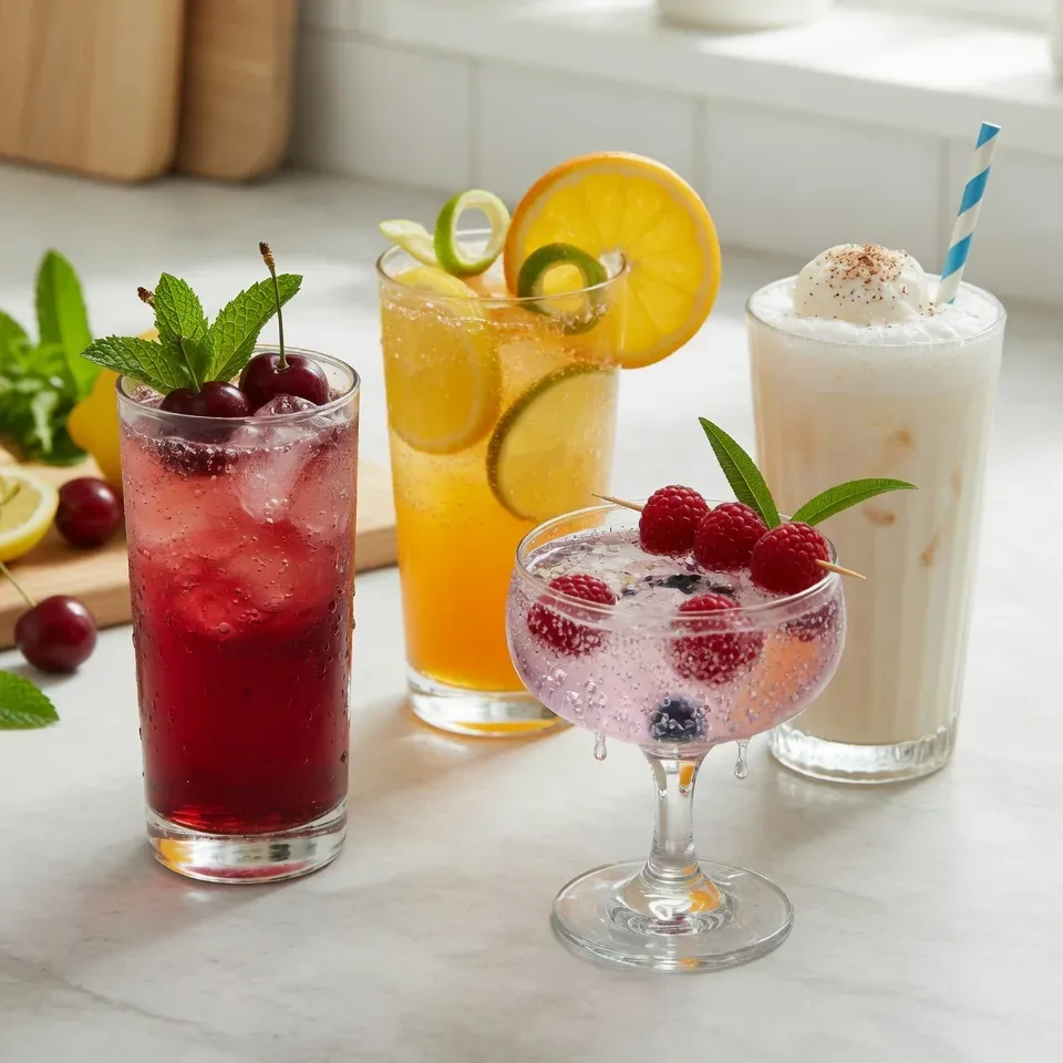 A collection of homemade sodas in clear glasses, including cherry soda, citrus soda, cream soda, and sparkling berry soda on a bright kitchen counter.