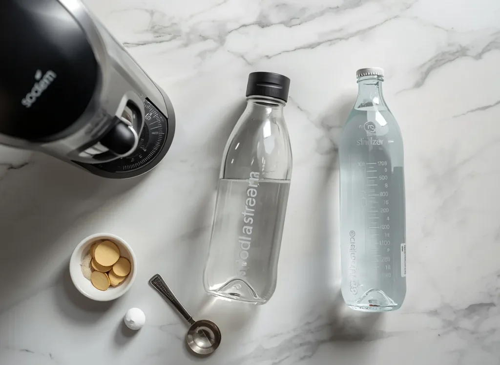 Homemade soda equipment: SodaStream machine, flip-top fermentation bottle, seltzer, ginger, and sugar on a marble surface.