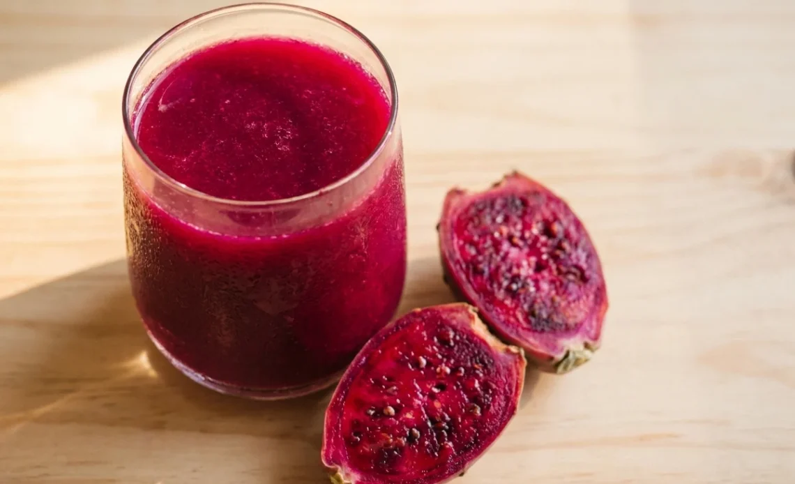 juicing cactus fruit — deep magenta prickly pear juice in a glass with cut fruit alongside