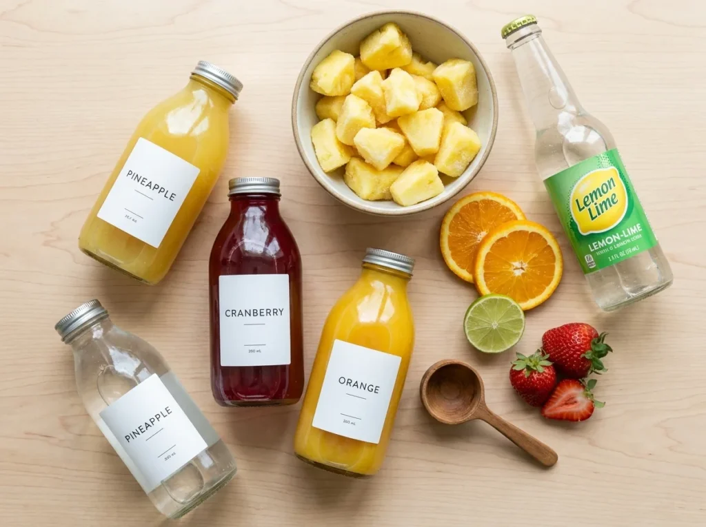 Jungle juice recipe in a glass dispenser with frozen tropical fruit and citrus slices