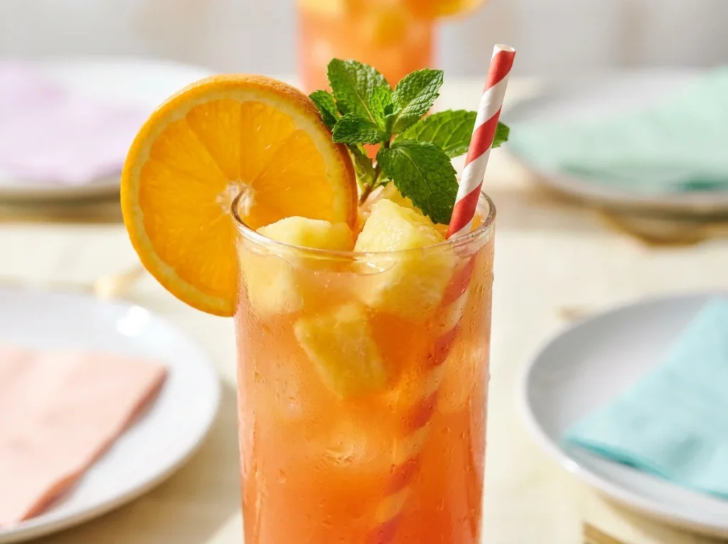 Jungle juice ingredients flat lay with pineapple juice, cranberry juice, orange juice, lemon-lime soda, and fresh fruit