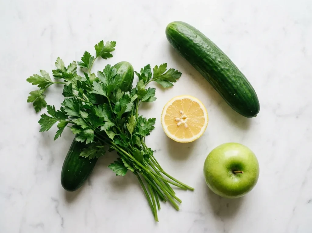 Kidney cleanse juice ingredients - cucumbers, parsley, lemon, green apple on a marble surface