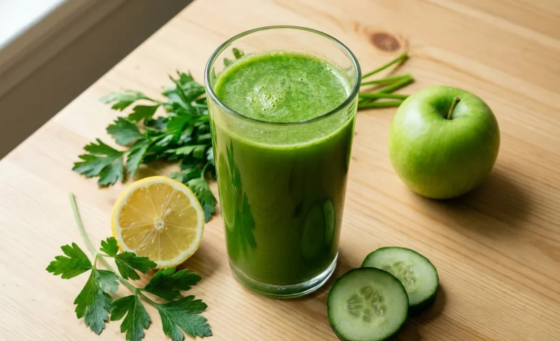 Kidney cleanse juice recipe in a glass jar with cucumber, parsley, and lemon on a wooden board
