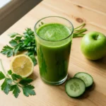 Kidney cleanse juice recipe in a glass jar with cucumber, parsley, and lemon on a wooden board