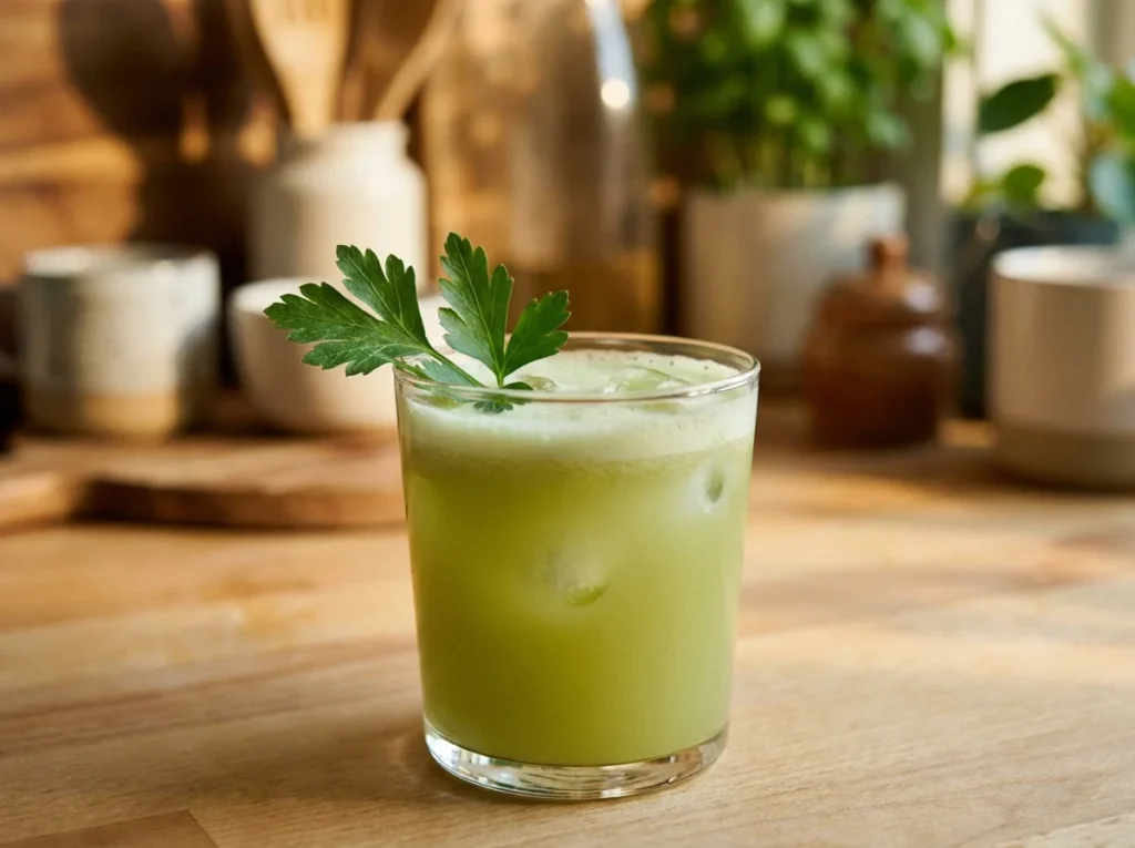 Kidney cleanse juice served in a glass with ice and parsley garnish on a kitchen counter