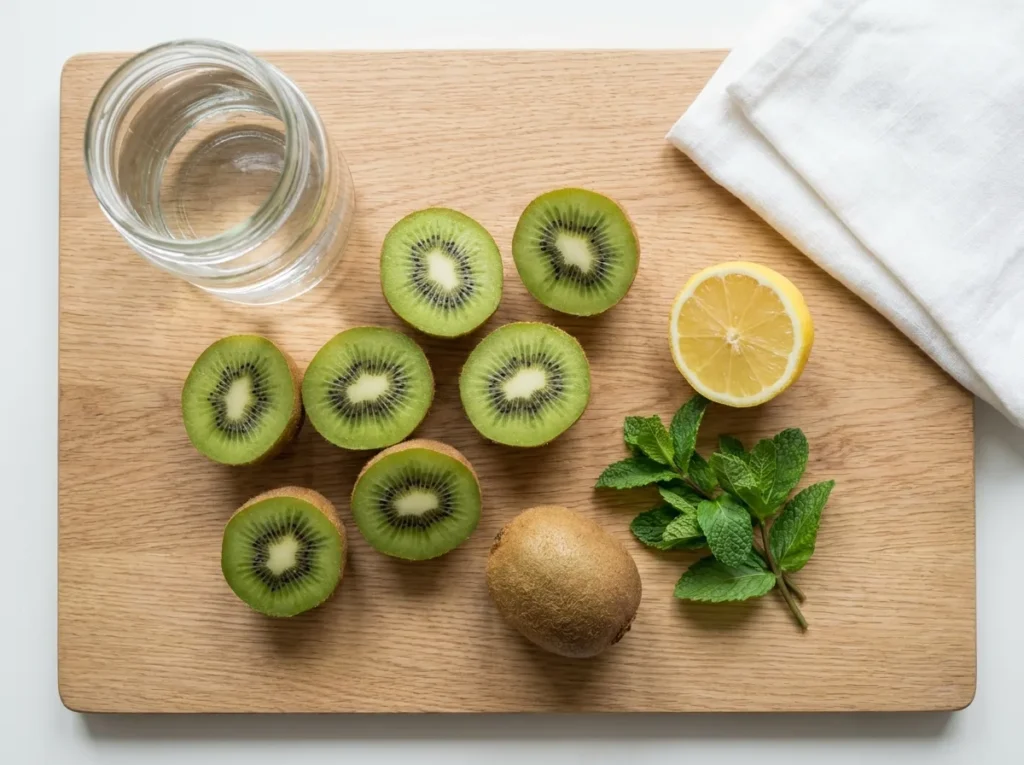 fresh kiwi fruits halved with lemon and mint leaves for homemade kiwi juice