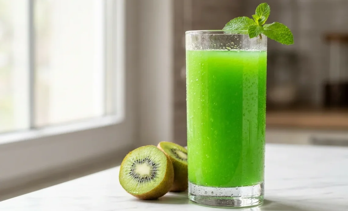 kiwi juice recipe in a clear glass with fresh kiwi slices on a marble surface