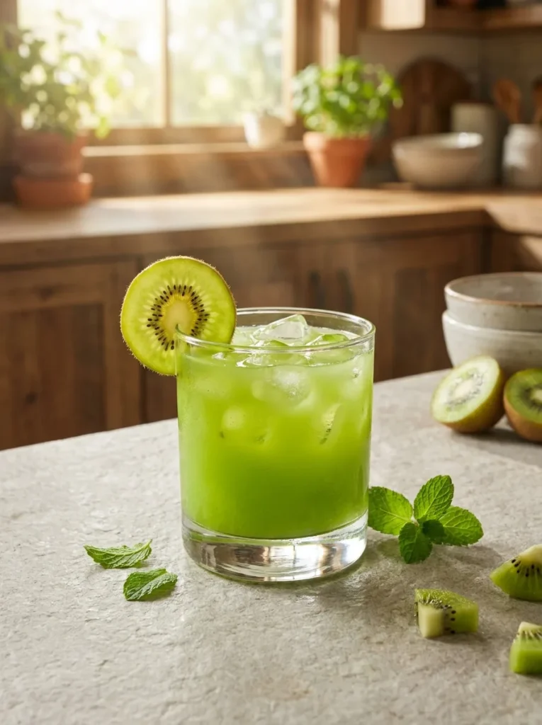 homemade kiwi juice served in a glass with ice and kiwi garnish on a sunny kitchen counter