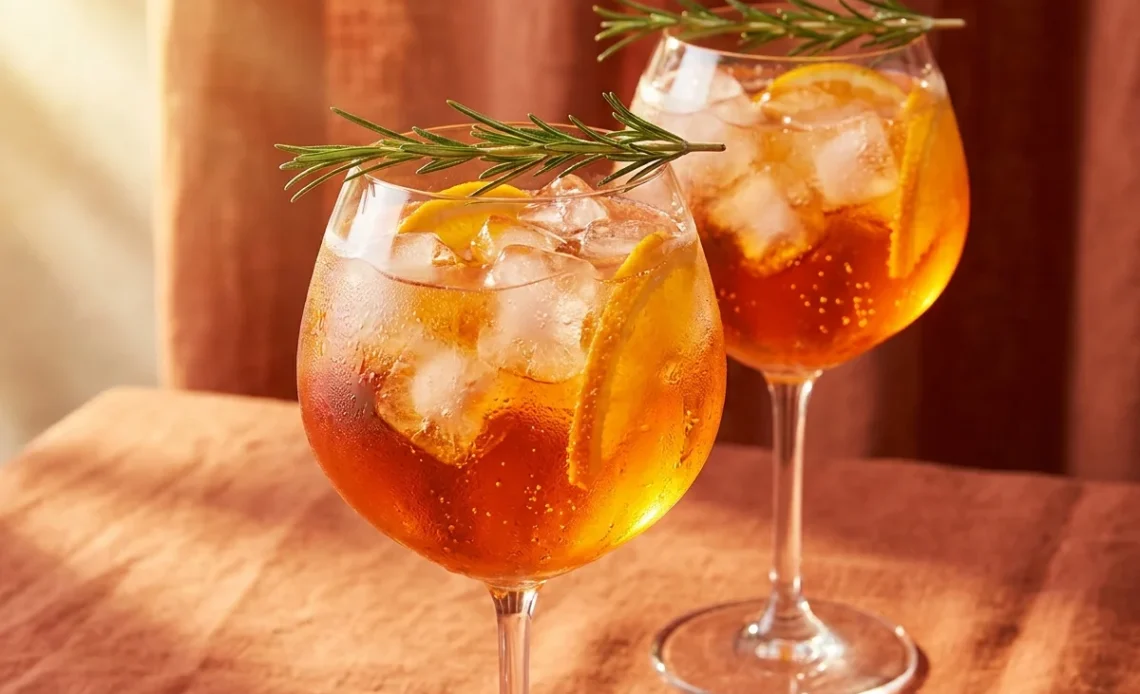 Mocktail aperol spritz in a stemmed wine glass with orange wheel and rosemary sprig