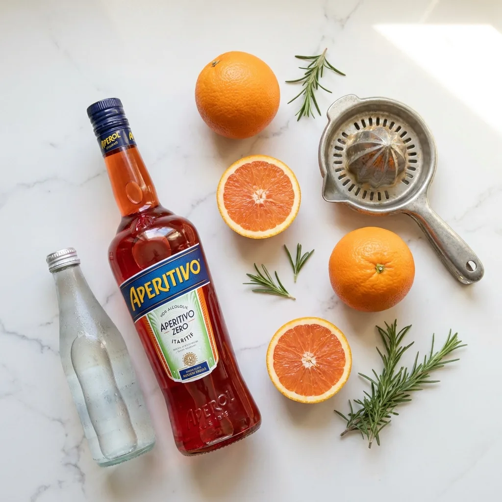 Non-alcoholic aperitif bottles and fresh oranges for a mocktail aperol spritz