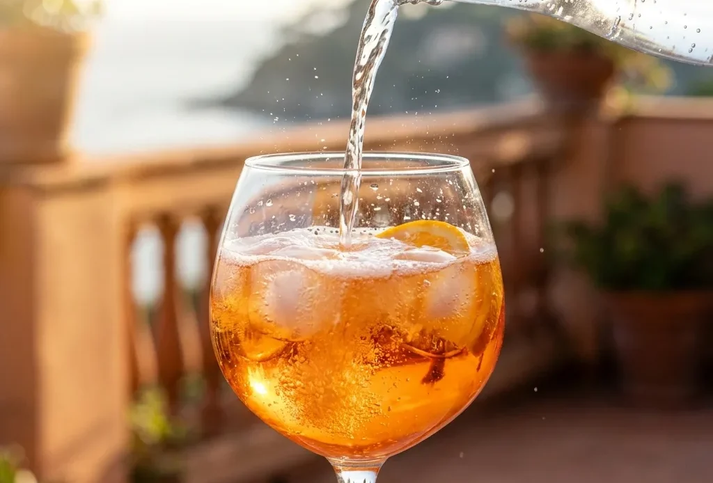 Pouring sparkling water into a mocktail aperol spritz with ice and orange garnish