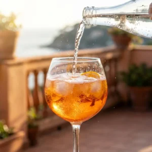 Pouring sparkling water into a mocktail aperol spritz with ice and orange garnish