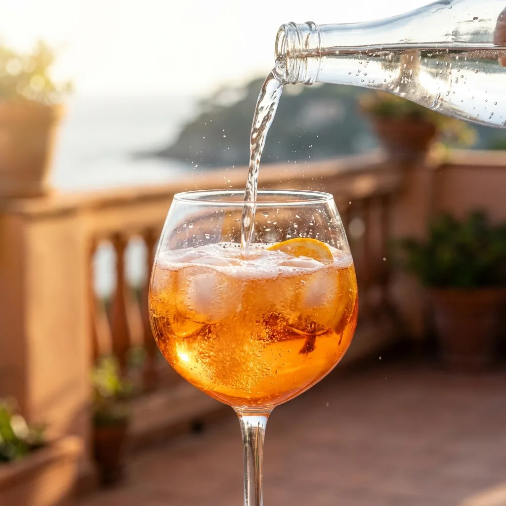 Pouring sparkling water into a mocktail aperol spritz with ice and orange garnish