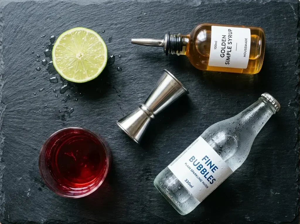 Three mocktail recipes on a marble surface — hibiscus coupe, vanilla cream dirty soda, and passionfruit sparkling drink