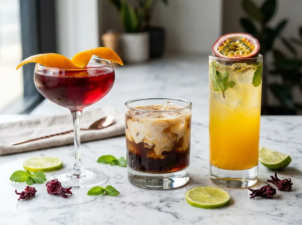 Three mocktail recipes on a marble surface — hibiscus coupe, vanilla cream dirty soda, and passionfruit sparkling drink