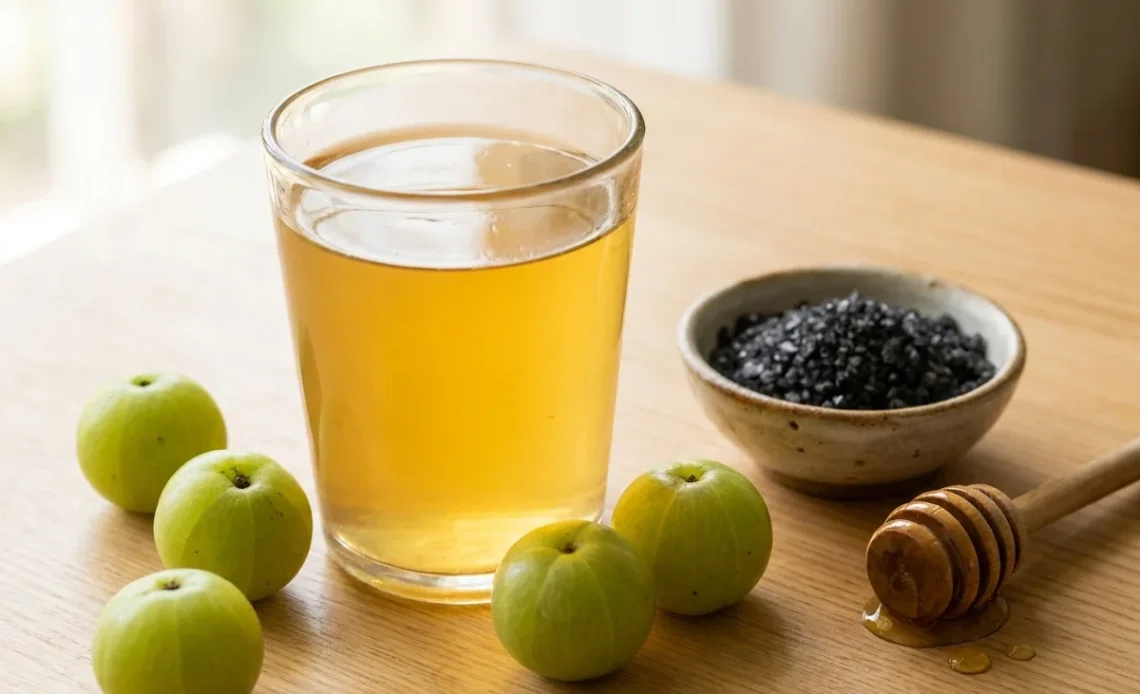 Freshly made nelli fruit juice in a glass with green nelli fruits and black salt on a wooden surface