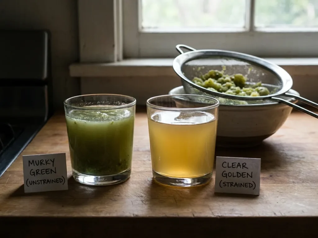 Two versions of nelli juice side by side showing the difference between unstrained and properly strained results